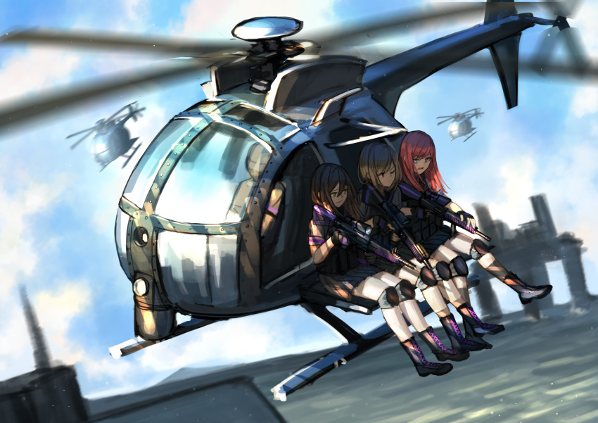 3girls ahd aircraft assault_rifle blonde_hair blurry blurry_background brown_hair commentary day flying gloves gun helicopter highres holding holding_gun holding_weapon knee_pads military motion_blur multiple_girls original outdoors red_hair rifle sitting weapon