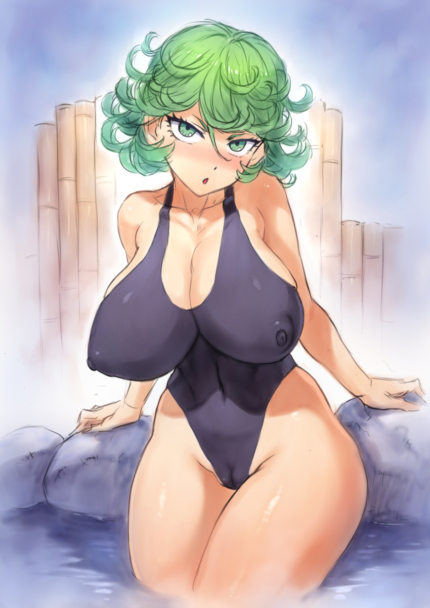 1girl alternate_breast_size arm_support arms_behind_back bamboo_fence bangs bare_shoulders blue_background blush breasts cameltoe cleavage collarbone covered_nipples cowboy_shot curly_hair dot_nose eyelashes fence green_eyes green_hair groin hair_between_eyes highres legs_together looking_at_viewer mogudan nose_blush one-piece_swimsuit one-punch_man onsen parted_lips rock shiny shiny_hair shiny_skin short_eyebrows short_hair sketch skindentation solo steam swimsuit tatsumaki thighs wading water wide_hips