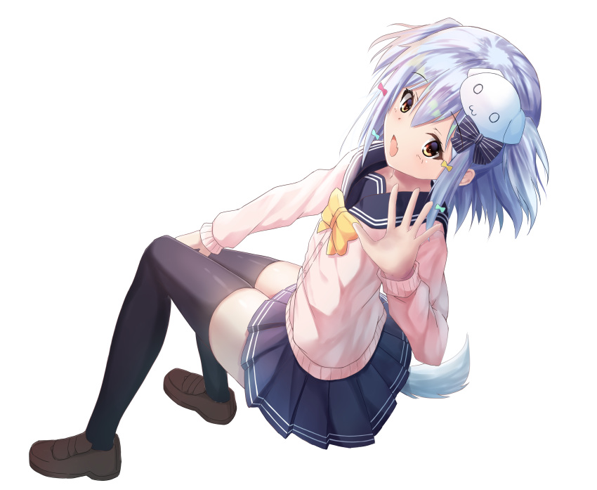 1girl :d absurdres black_legwear blue_hair bow brown_eyes brown_footwear dog_hair_ornament dog_tail error fang full_body hair_bow hand_up highres inuyama_tamaki invisible_chair long_sleeves looking_at_viewer medium_hair navy_blue_skirt open_mouth pink_serafuku pleated_skirt revision school_uniform serafuku sitting siyuan9629 skin_fang skirt smile solo tail thighhighs tsukudani_norio_channel virtual_youtuber white_background