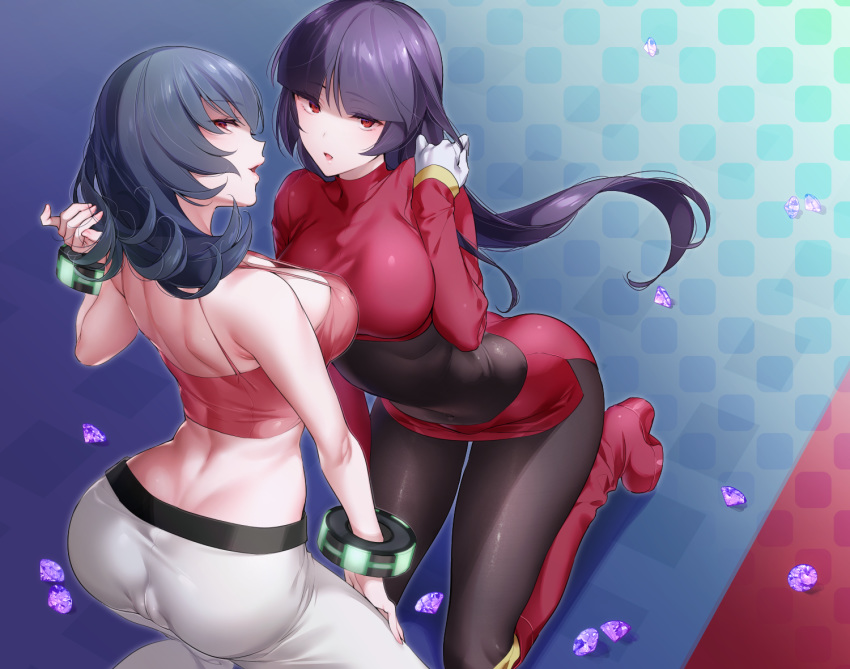 ass blue_hair boots breasts cameltoe cleavage cropped dress gloves gradient hizuki_akira long_hair natsume_(pokemon) pantyhose pokemon purple_hair red_eyes short_hair skintight wristwear