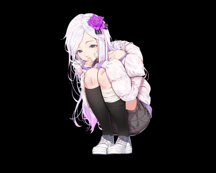 agnamore aliasing bandage bandaid black kneehighs long_hair original purple_eyes skirt white_hair