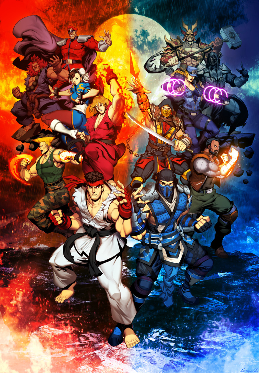 2girls 6+boys armor barefoot black_hair blonde_hair cape chun-li commentary crossover dark_skin dark_skinned_male dougi evil_smile fingerless_gloves fire genzoman gloves glowing_fist gouki guile highres hood jax_(mortal_kombat) ken_masters mallet mask mechanical_arms military military_uniform mortal_kombat multiple_boys multiple_girls noob_saibot ryuu_(street_fighter) school_uniform scorpion_(mortal_kombat) serafuku shao_kahn smile sonya_blade street_fighter sub-zero sword uniform vega weapon