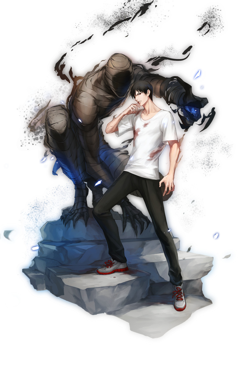 1boy absurdres ajin_(sakurai_gamon) bandaged_arm bandaged_hands bandaged_head bandaged_leg bandages black_hair black_legwear blood blood_on_face bloody_clothes bloody_hands claws collarbone highres ibm_(ajin) male_focus monster nagai_kei parted_lips qingxingzhen red_eyes shirt solo standing t-shirt white_shirt