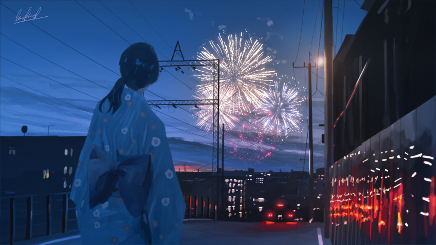1girl absurdres aerial_fireworks banishment black_hair blue_kimono blue_sash building car cloud cloudy_sky commentary_request cowboy_shot facing_away fireworks floral_print from_behind ground_vehicle highres house huge_filesize japanese_clothes kimono lamppost light motor_vehicle obi original ponytail power_lines radio_antenna radio_tower railing reflection road sash scenery signature sky skyline solo street summer tail_lights telephone_pole twilight yukata