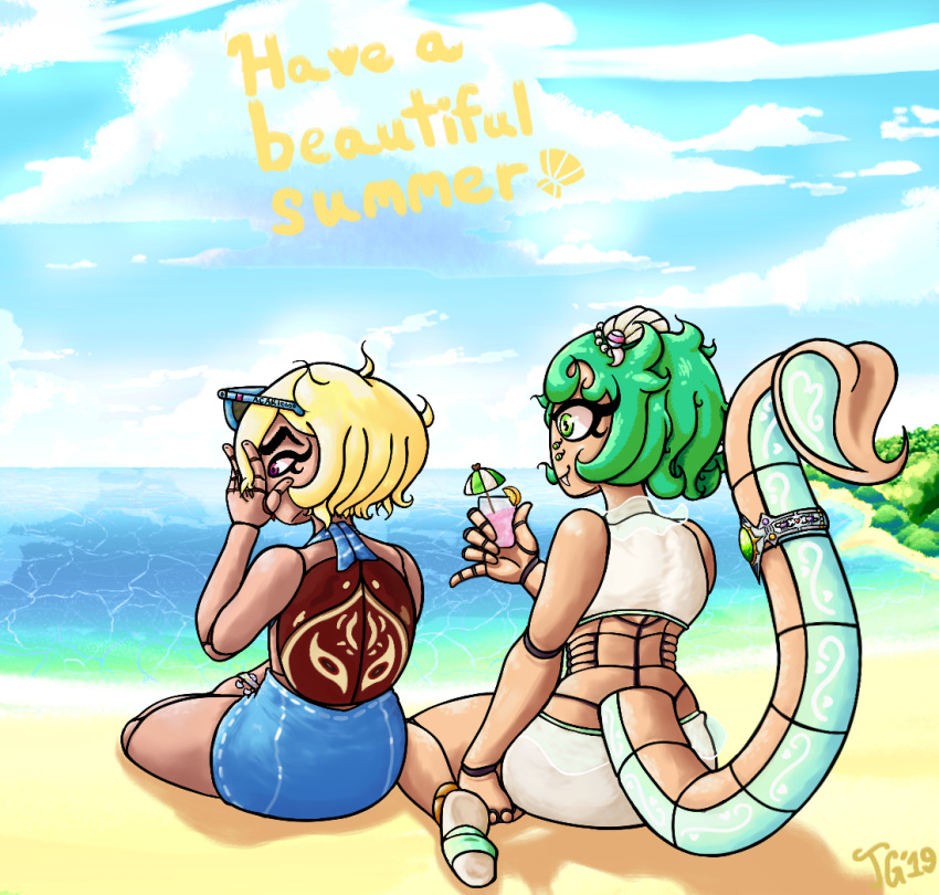 2019 accessory amalie_acari_(character) animal_humanoid anklet arachnid arachnid_humanoid arthropod arthropod_humanoid beach beverage bikini blonde_hair chelicerae clothed clothing digital_media_(artwork) duo eyebrows fan_character female gem green_eyes green_hair hair humanoid jewelry jgdraws_(artist) lussi_vyes lussi_vyes_(character) multi_eye pattern purple_eyes ring scorpion_humanoid scorpion_tail seaside shell short_stack smile stripes swimwear thick_eyebrows thick_thighs umbrella