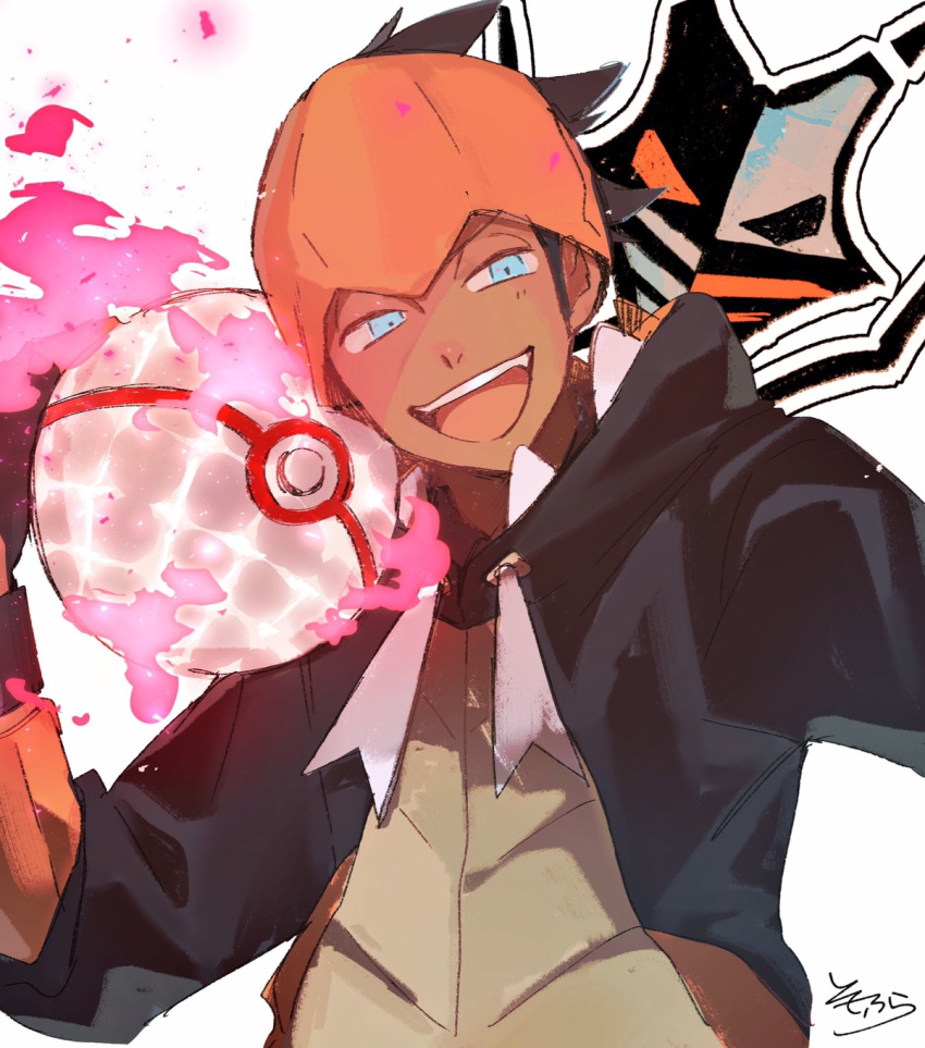 1boy :d black_gloves black_hair black_jacket blue_eyes brown_shirt dark_skin dark_skinned_male dynamax_ball fingerless_gloves gloves gym_leader hand_up highres jacket kibana_(pokemon) male_focus open_clothes open_jacket open_mouth orange_headwear poke_ball pokemon pokemon_(game) pokemon_swsh shirt signature smile sofra solo upper_body upper_teeth white_background