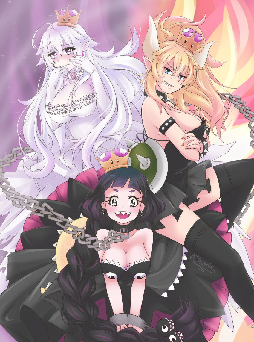 3girls absurdres black_dress black_eyes black_hair blonde_hair blue_eyes bowsette breasts chain chain_chomp choker cleavage cuffs dress earrings gloves highres honds jewelry large_breasts looking_at_viewer mario_(series) multiple_girls necklace pointy_ears princess_chain_chomp princess_king_boo purple_eyes shackles shroomsie super_crown tears white_dress white_gloves white_hair