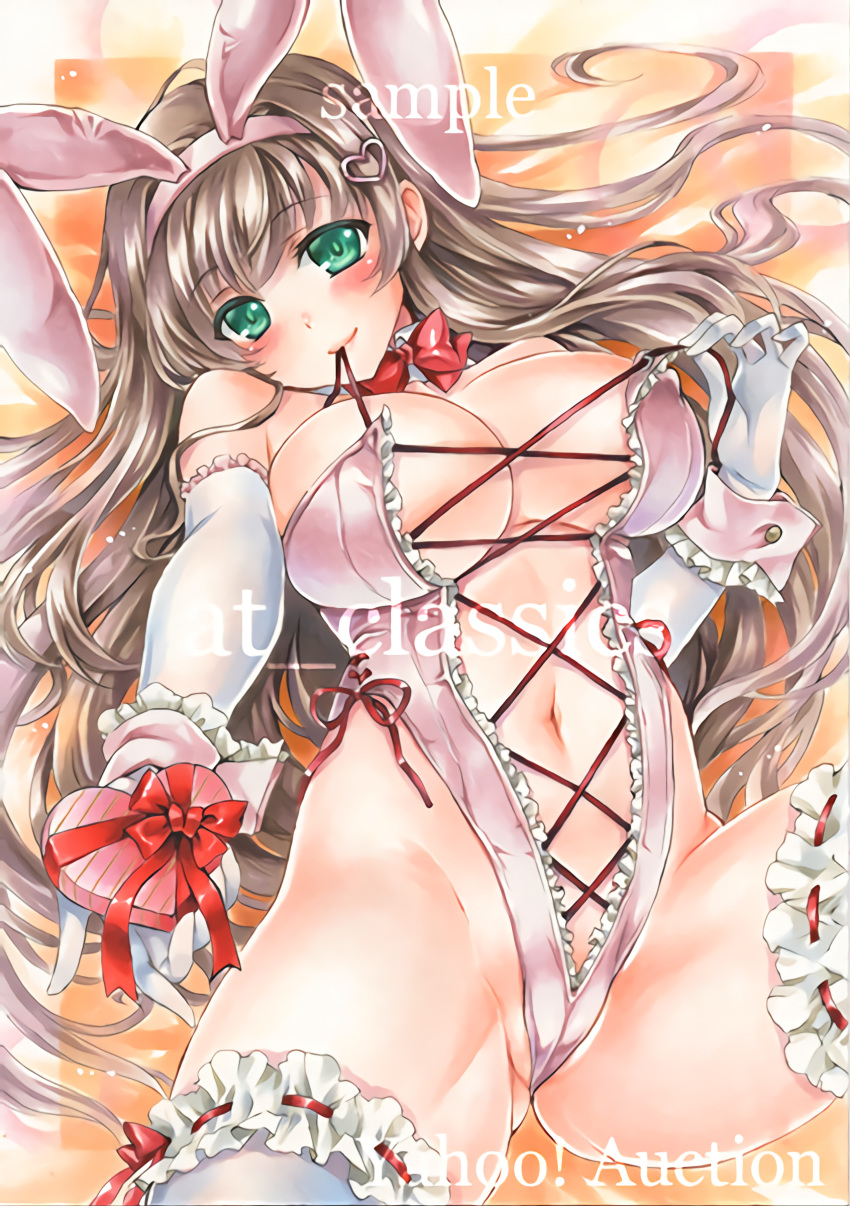 absurdres animal_ears at_classics breasts brown_hair bunny_ears bunnysuit elbow_gloves gloves green_eyes highres huge_breasts long_hair original thighhighs