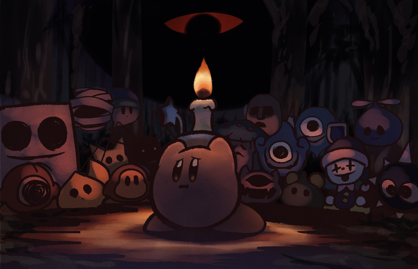 black_eyes blocky_(kirby) candle cappy_(kirby) chip_(kirby) dark_matter darkness forest ghost_knight_(kirby) gordo highres horror_tramp kabu kirby kirby_(series) looking_at_another looking_away mariel_(kirby) mumbies_(kirby) nature noddy_(kirby) poppy_bros_jr propeller_(kirby) scared scarfy sparky_(kirby) tick_(kirby) waddle_dee waddle_doo