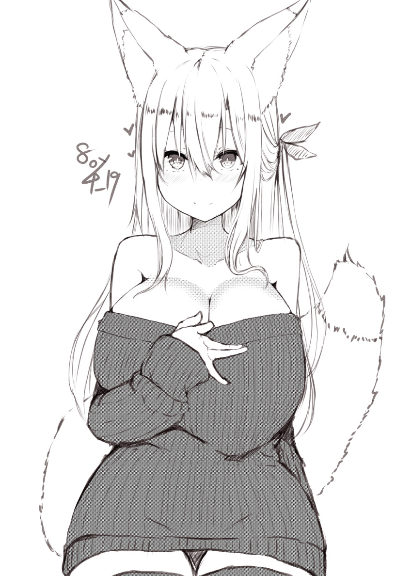 1girl animal_ear_fluff animal_ears bare_shoulders breasts cleavage dress fox_ears fox_tail hair_ribbon heart highres huge_breasts kouhii_kitsune long_hair monochrome off-shoulder_sweater off_shoulder original ribbed_sweater ribbon sleeves_past_wrists smile solo sweater sweater_dress tail upper_body