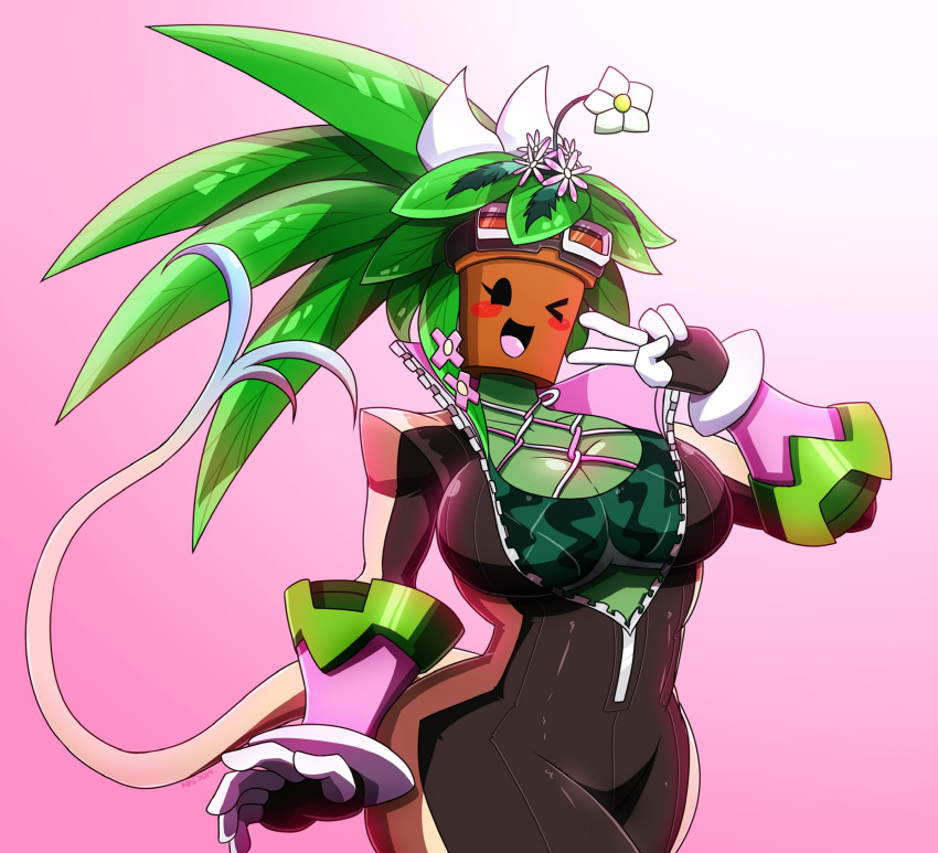 2019 big_breasts black_eyes black_pupils blaster_master breasts cleavage clothed clothing female flora_fauna flower flower_pot humanoid jumpsuit kanna_(blaster_master) mostlyfunstuff not_furry plant plant_humanoid solo video_games