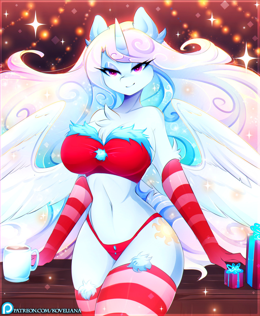 2019 absurd_res anthro armwear beverage big_breasts breasts clothed clothing cup cutie_mark digital_media_(artwork) elbow_gloves equid eyelashes female friendship_is_magic gift gloves hair handwear hi_res horn huge_breasts koveliana legwear long_hair mammal multicolored_hair my_little_pony panties patreon pattern_armwear pattern_clothing pattern_legwear princess_celestia_(mlp) purple_eyes smile solo stockings striped_armwear striped_clothing striped_legwear stripes text underwear url winged_unicorn wings