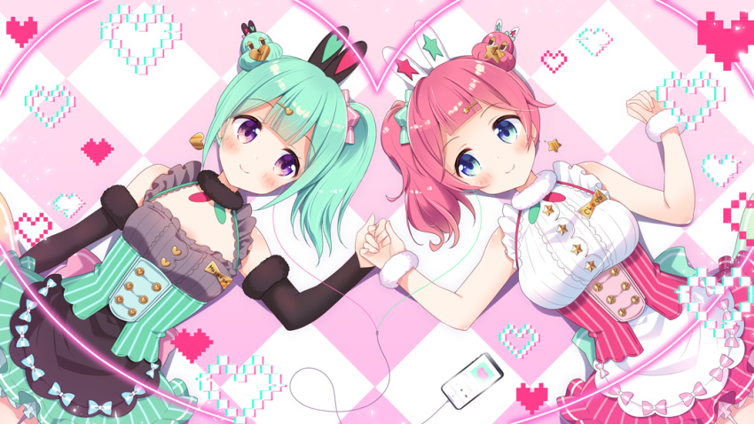 2girls aoi_yun apron bangs bare_shoulders black_apron black_sleeves blue_eyes blush breasts cellphone character_request checkered checkered_background closed_mouth collarbone commentary_request detached_sleeves earphones fur-trimmed_sleeves fur_trim green_hair green_skirt hair_bun hair_ornament hairclip happy_synthesizer_(vocaloid) heart heart_hair_ornament holding_hands large_breasts long_sleeves lying multiple_girls official_art on_back phone pink_hair pink_skirt purple_eyes shared_earphones shirt side_ponytail skirt sleeveless sleeveless_shirt small_breasts smartphone smile star star_hair_ornament striped vertical-striped_skirt vertical_stripes virtual_youtuber waist_apron white_apron white_shirt