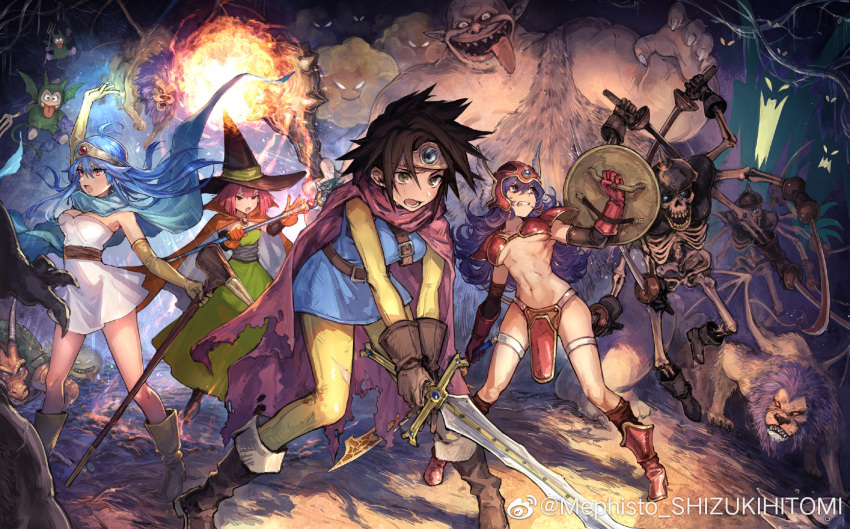 4girls arm_up armor artist_name bikini_armor blue_hair boots breasts brown_hair cape clenched_teeth dragon_quest dragon_quest_iii dress elbow_gloves fighting fireball gloves green_eyes hair_between_eyes hat headgear highres large_breasts long_hair mage_(dq3) mephist-pheles monster multiple_girls navel pink_eyes pink_hair purple_hair roto sage_(dq3) shield short_hair skeleton soldier_(dq3) staff standing sweat sword teeth tiara underboob weapon weibo_username witch_hat