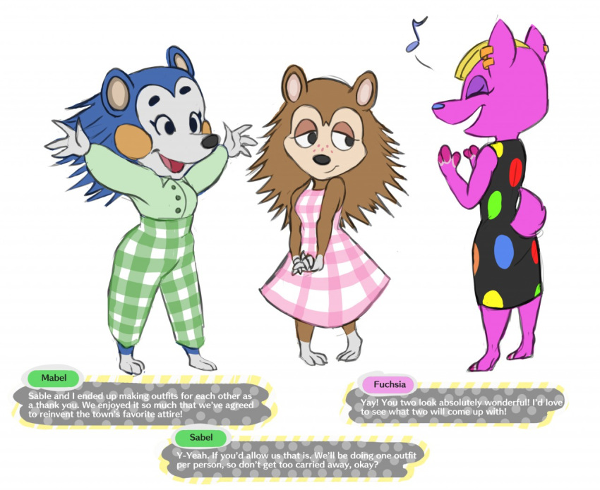 2019 2_toes 3_fingers 3_toes 4_fingers animal_crossing anthro barefoot black_nose blue_body blue_fur blue_nose brown_body brown_fur cervid cervine clothing dialogue digital_media_(artwork) dress english_text eulipotyphlan eyebrows eyelashes eyes_closed facial_markings female fingers freckles fuchsia_(animal_crossing) fur green_clothing group head_markings hedgehog interlocked_fingers mabel_able mammal markings multicolored_body multicolored_fur musical_note nintendo open_mouth orange_markings pattern_clothing pink_clothing pink_dress plaid plaid_clothing purple_body purple_fur raised_arm sable_able short_tail signature silvertongue_(artist) simple_background smile spots spotted_clothing spread_arms standing tan_body tan_fur text toes two_tone_body two_tone_fur video_games white_background white_body white_fur