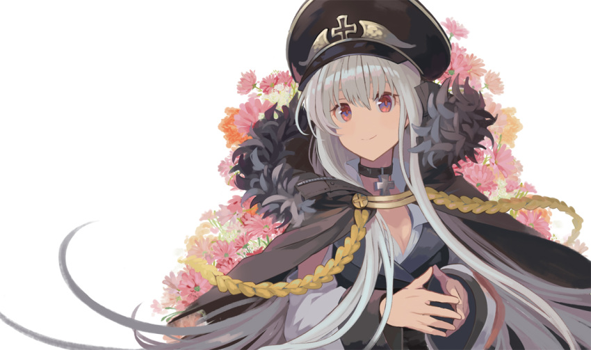 1girl amuri bangs breasts choker cleavage closed_mouth coat commentary_request cross fur fur_collar fur_trim girls_frontline hair_between_eyes hands_together hat iron_cross kar98k_(girls_frontline) long_hair long_sleeves looking_at_viewer military_hat peaked_cap red_eyes silver_hair simple_background smile solo upper_body very_long_hair white_background