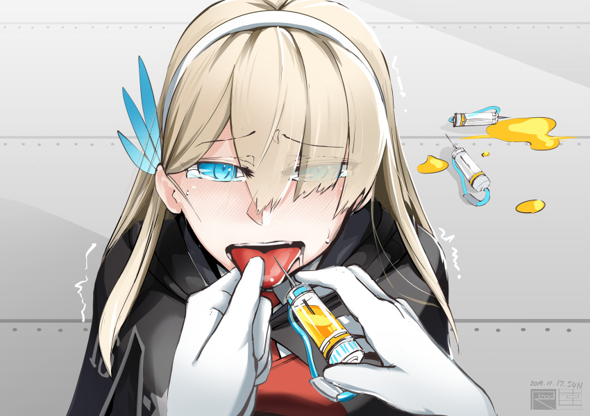 absurdres blue_eyes breasts feather_hair_ornament gloves hairband highres injection large_breasts lexington_(cv-16)_(warship_girls_r) necktie richard_rii silver_hair steelblue_mirage tears tongue tongue_out warship_girls_r white_gloves