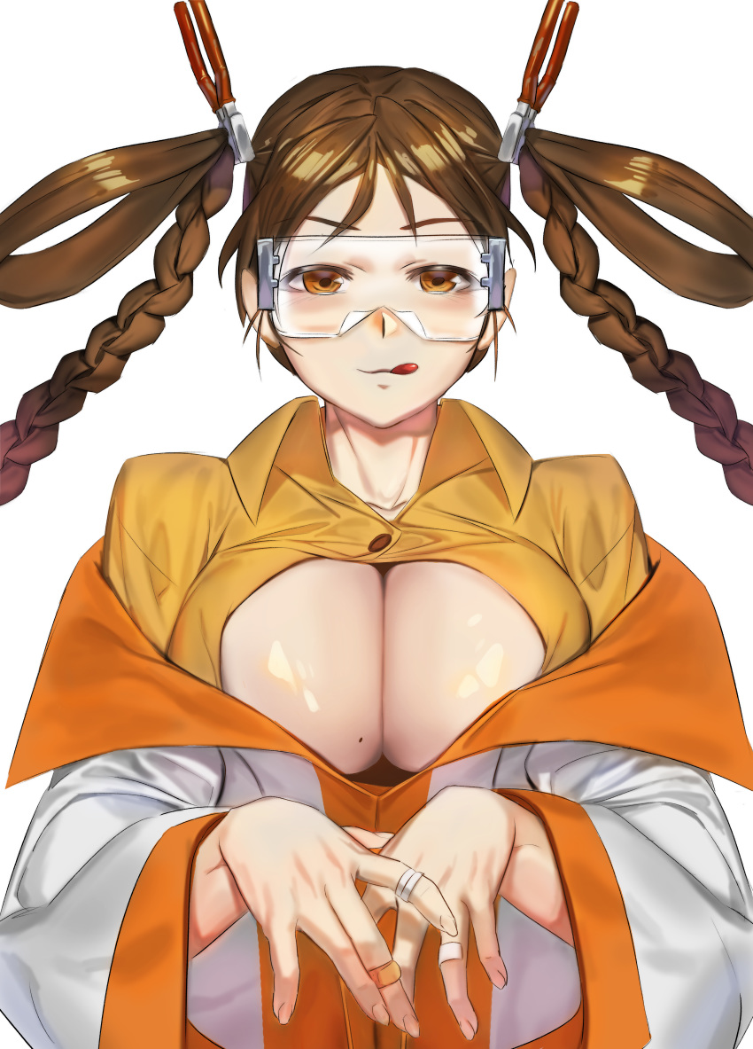 1girl :3 :p absurdres blush braid breasts cleavage doctor_(last_origin) hair_pliers hair_rings highres labcoat large_breasts last_origin looking_at_viewer open_clothes open_shirt pliers shirt simple_background solo tongue tongue_out twin_braids uronte white_background yellow_eyes