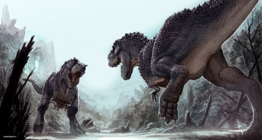 3_toes ambiguous_gender animal_genitalia battle brown_body brown_skin cloaca detailed_background dinosaur feet feral greg_broadmore king_kong_(2005) official_art outside rear_view reptile roaring scalie spikes toes universal_studios v-rex vertical_cloaca weta_workshop