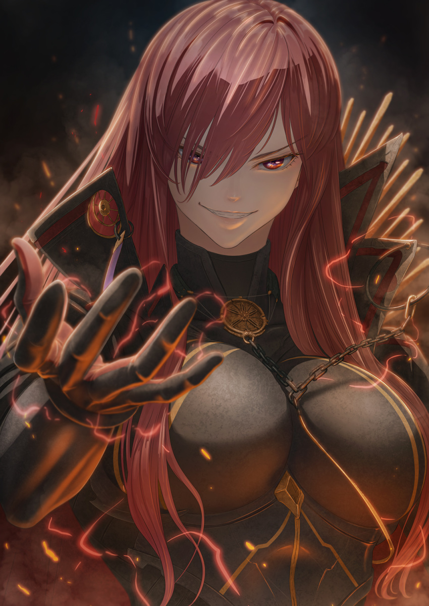 1girl black_gloves bodysuit breasts cape chain electricity evil_grin evil_smile fate/grand_order fate_(series) gloves grin hair_over_one_eye highres huge_breasts imizu_(nitro_unknown) long_hair oda_nobunaga_(fate)_(all) oda_nobunaga_(maou_avenger)_(fate) popped_collar red_eyes red_hair smile smoke solo tight_top underbust