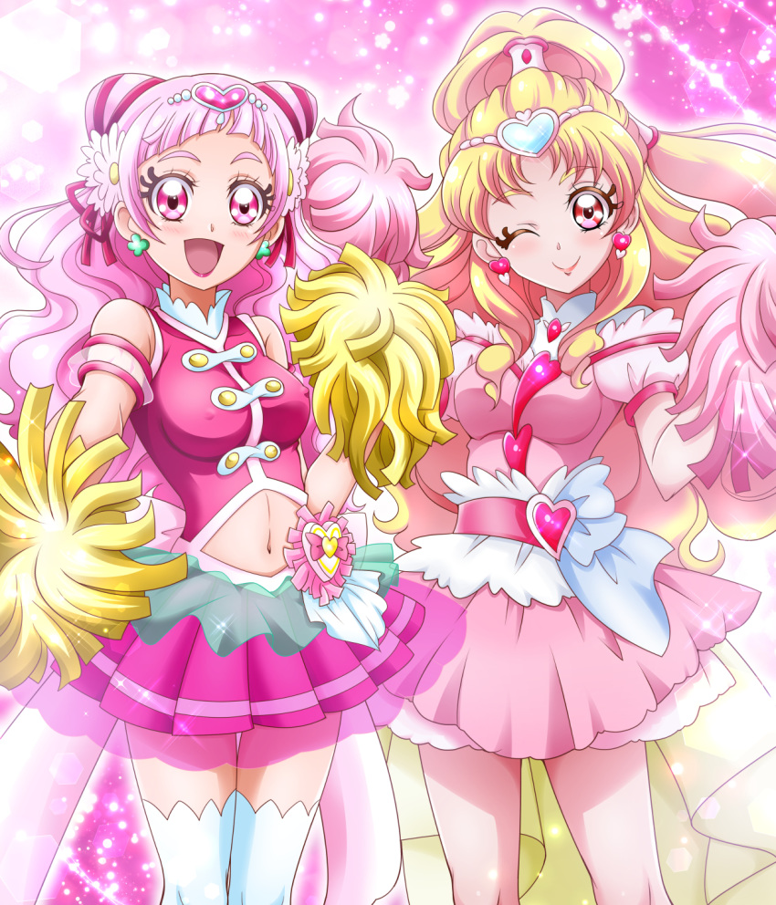 2girls :d back_bow bangs bare_legs blonde_hair blunt_bangs blush bow breasts clover_earrings commentary_request covered_nipples cure_tomorrow cure_yell detached_sleeves double_bun dress earrings eyebrows_visible_through_hair eyelashes floating_hair flower hair_flower hair_ornament hair_rollers hanzou heart heart_earrings heart_hair_ornament high_ponytail highres hug-tan_(precure) hugtto!_precure jewelry lens_flare light_particles lipstick long_hair looking_at_viewer magical_girl makeup medium_breasts multi-tied_hair multiple_girls navel navel_cutout nono_hana one_eye_closed open_mouth pink_background pink_dress pink_hair pink_shirt pink_skirt pleated_dress pleated_skirt pom_poms precure red_eyes red_ribbon ribbon see-through_sleeves shirt short_sleeves shoulder_cutout skirt small_breasts smile sparkle thighhighs very_long_hair zettai_ryouiki