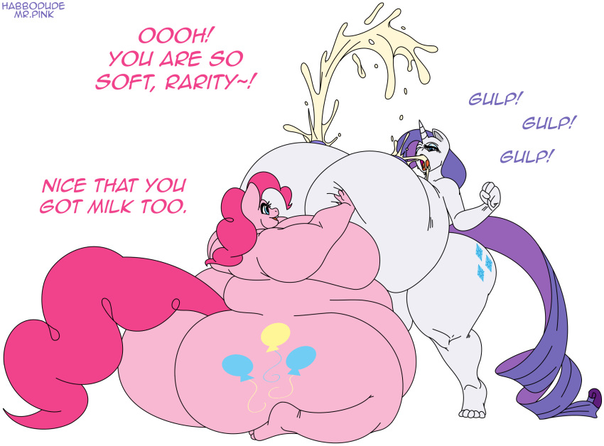 anthro big_breasts big_butt bodily_fluids breasts butt equid female friendship_is_magic habbodude horn huge_breasts huge_butt hyper hyper_breasts lactating mammal mr.pink my_little_pony overweight pinkie_pie_(mlp) rarity_(mlp) unicorn