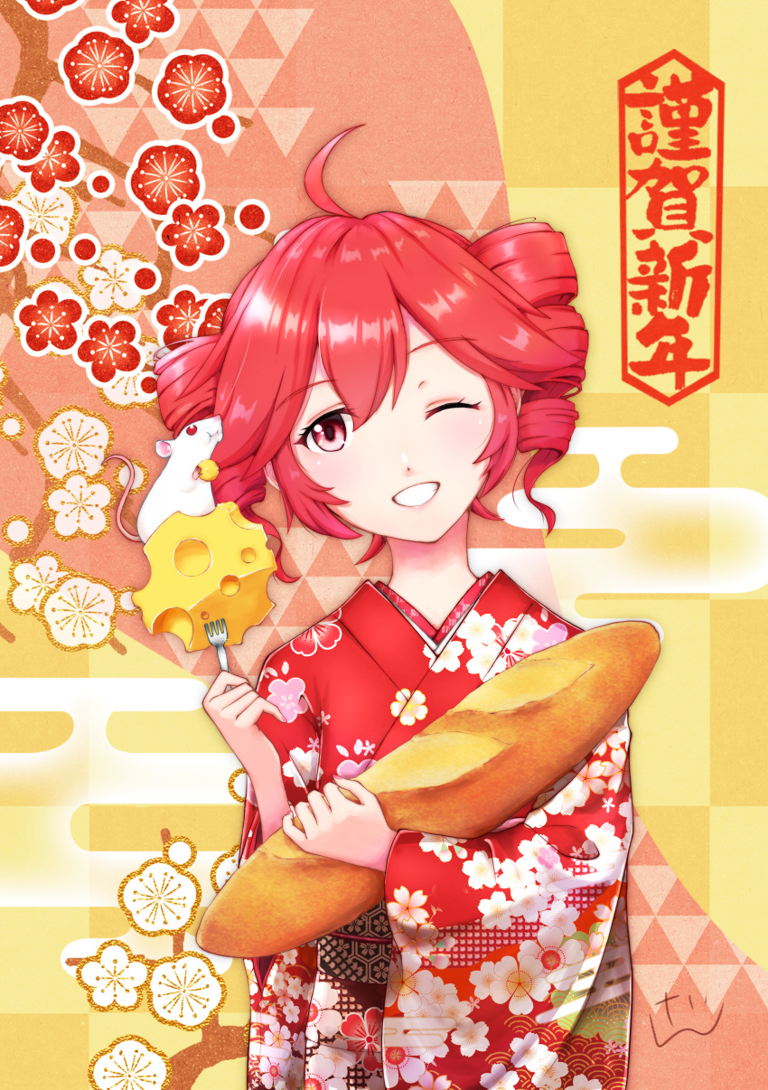 1girl absurdres ahoge baguette bread checkered checkered_background cheese cherry_blossom_print cherry_blossoms commentary drill_hair eating egasumi floral_print food fork hand_up head_tilt highres holding holding_food holding_fork japanese_clothes kasane_kein kasane_teto kimono light_blush looking_to_the_side mouse nengajou new_year one_eye_closed open_mouth red_hair red_kimono short_hair smile swiss_cheese translated twin_drills upper_body utau white_fur
