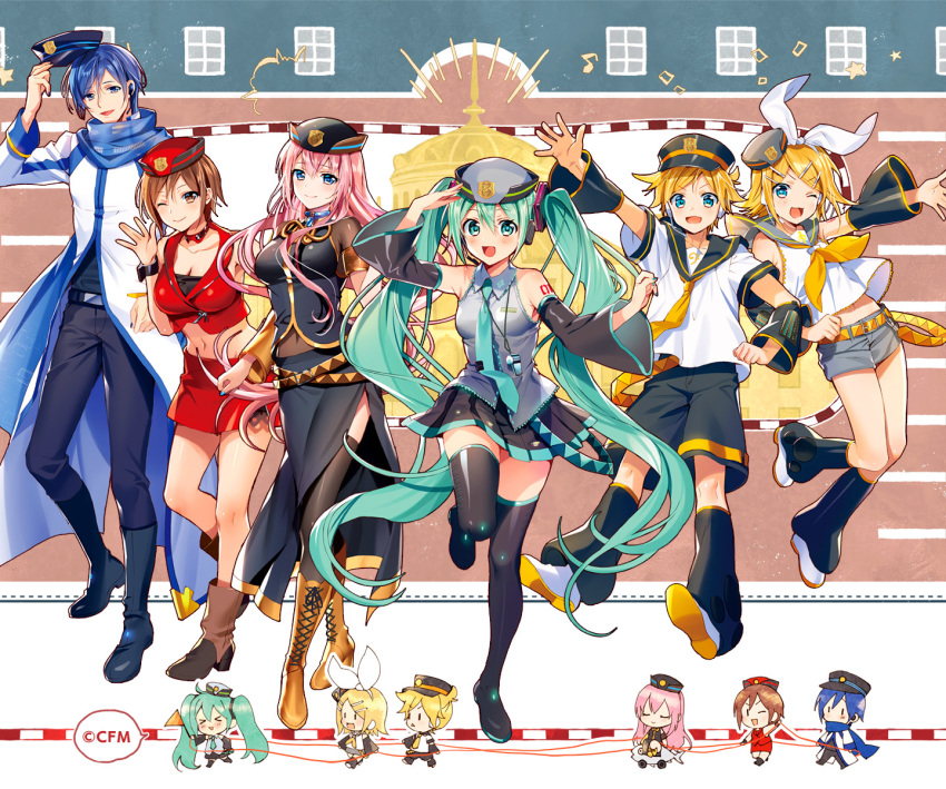 &gt;_&lt; 2boys 4girls :d aqua_eyes aqua_hair aqua_neckwear arm_tattoo bass_clef belt black_legwear black_pants blonde_hair blue_eyes blue_hair blue_scarf blush boots bow breasts brother_and_sister brown_hair chibi chibi_inset choker closed_eyes coat commentary_request copyright crop_top detached_sleeves eighth_note female_service_cap flag flat_chest full_body hair_between_eyes hair_bow hair_ornament hairclip hat hat_removed hatsune_miku headphones headset headwear_removed highres holding holding_flag holding_hat kagamine_len kagamine_rin kaito leg_warmers long_hair long_skirt looking_at_viewer medium_breasts megurine_luka meiko midriff midriff_peek mini_hat miniskirt multiple_boys multiple_girls murakami_yuichi musical_note navel neckerchief necktie number_tattoo one_eye_closed open_mouth outstretched_arm pants pink_hair pleated_skirt red_skirt rope_train sailor_collar salute scarf short_hair short_shorts shorts siblings side_slit sitting skirt sleeveless smile star tattoo thigh_boots thighhighs train_station treble_clef triangle_mouth twins twintails v-shaped_eyebrows very_long_hair vocaloid waving whistle whistle_around_neck white_footwear window yellow_neckwear zettai_ryouiki |_|