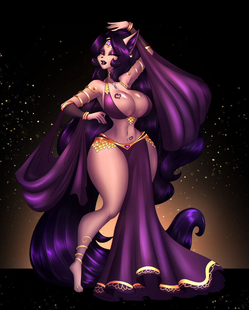 absurd_res anklet anthro barefoot belly_dancer big_breasts black_background breasts canid canine clothing dancing ear_piercing ear_ring female forehead_gem fox gem hair harem_outfit hi_res jewelry lipstick loincloth long_hair long_tail looking_at_viewer makeup mammal mascara necklace ooo-belise-ooo piercing purple_hair simple_background solo tattoo