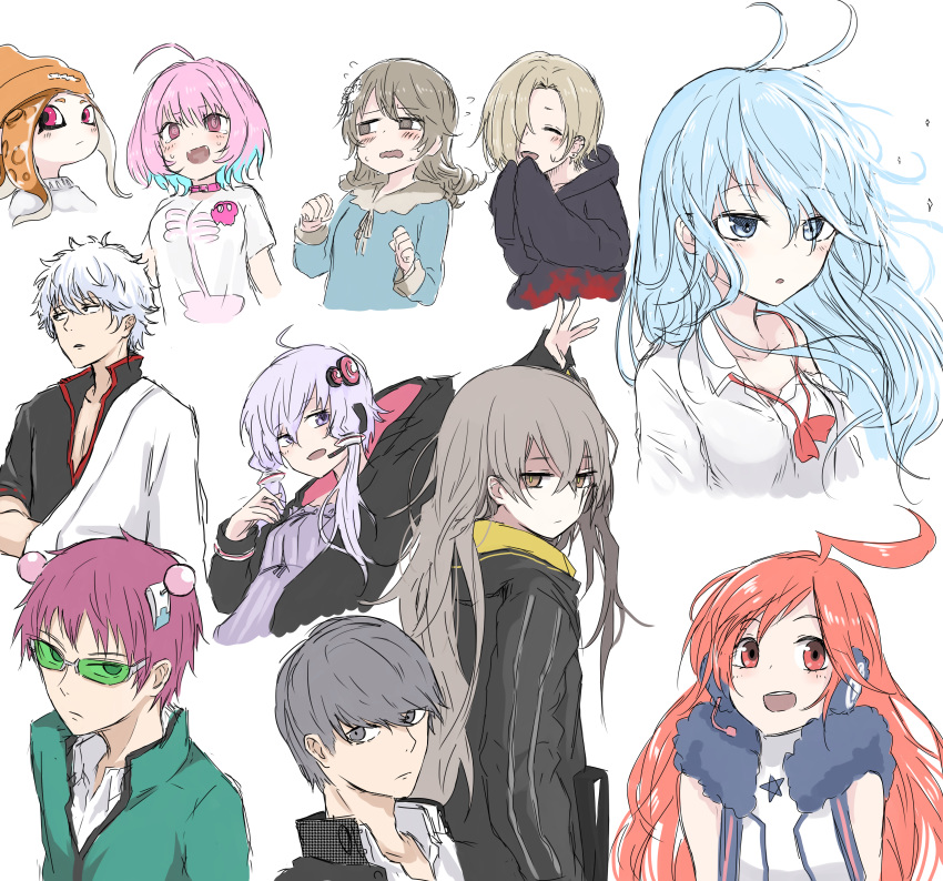 3boys 6+girls :d @_@ absurdres ahoge bangs beanie black_hoodie black_jacket blue_eyes blue_hair blue_shirt blush breasts brown_eyes brown_hair brown_headwear closed_mouth collarbone collared_shirt cropped_torso denpa_onna_to_seishun_otoko dress dress_shirt eyebrows_visible_through_hair fangs flying_sweatdrops gakuran gintama girls_frontline glasses green-tinted_eyewear green_jacket grey_eyes grey_hair hadanugi_dousa hair_between_eyes hair_ornament hair_over_one_eye hat headphones headset highres hood hood_down hooded_jacket hoodie huge_filesize idolmaster idolmaster_cinderella_girls inkling jacket japanese_clothes kamatama kimono long_hair long_sleeves medium_breasts messy_hair morikubo_nono multicolored_hair multiple_boys multiple_girls narukami_yuu off_shoulder open_mouth outstretched_arm pentagram persona persona_4 pink_hair purple_dress purple_eyes purple_hair red_eyes red_hair red_neckwear saiki_kusuo saiki_kusuo_no_psi_nan sakata_gintoki scar scar_across_eye school_uniform sf-a2_miki shirasaka_koume shirt short_sleeves simple_background skeleton_print sleeveless sleeveless_jacket sleeves_past_fingers sleeves_past_wrists small_breasts smile sparkle splatoon_(series) splatoon_1 suction_cups sweat tears tentacle_hair touwa_erio two-tone_hair ump45_(girls_frontline) upper_teeth vocaloid voiceroid white_background white_jacket white_kimono white_shirt yumemi_riamu yuzuki_yukari