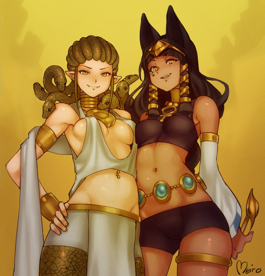 2girls :d animal_ears ankh anubis armlet artist_name bangs bare_shoulders bike_shorts black_hair blunt_bangs bracelet breasts circlet commentary cowboy_shot dark_skin detached_sleeves egyptian_mythology english_commentary eyebrows_visible_through_hair fangs fangs_out greek_mythology green_eyes groin hair_ornament highres jackal_ears jewelry long_hair looking_at_viewer medium_breasts medusa_gorgon meir0h midriff multiple_girls navel neck_ring necklace open_mouth pelvic_curtain pointy_ears scales sidelocks simple_background slit_pupils smile snake_hair thighlet x_hair_ornament yellow_background yellow_eyes