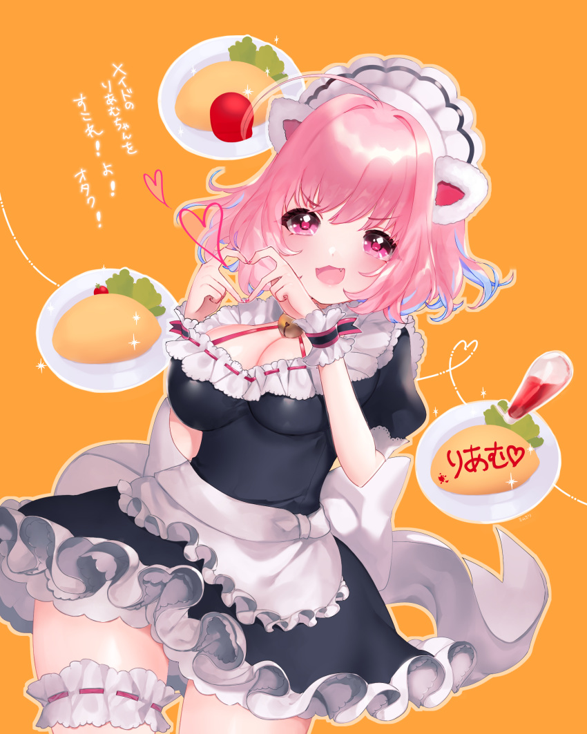 1girl absurdres ahoge animal_ears apron bangs black_dress blue_hair breasts character_name cleavage cowboy_shot dot_nose dress eyebrows_visible_through_hair fake_animal_ears fangs food food_art food_writing frilled_apron frilled_dress frills hair_between_eyes hair_intakes hands_up heart heart_hands highres idolmaster idolmaster_cinderella_girls ketchup ketchup_bottle large_breasts leg_garter legs_apart lettuce looking_at_viewer maid_headdress mimumiri multicolored_hair nail_polish neck_bell omurice open_mouth orange_background petticoat pink_eyes pink_hair pink_nails puffy_short_sleeves puffy_sleeves shiny shiny_hair short_hair short_sleeves simple_background smile solo standing tareme thighs tomato two-tone_hair v-shaped_eyebrows waist_apron white_apron wrist_cuffs yumemi_riamu