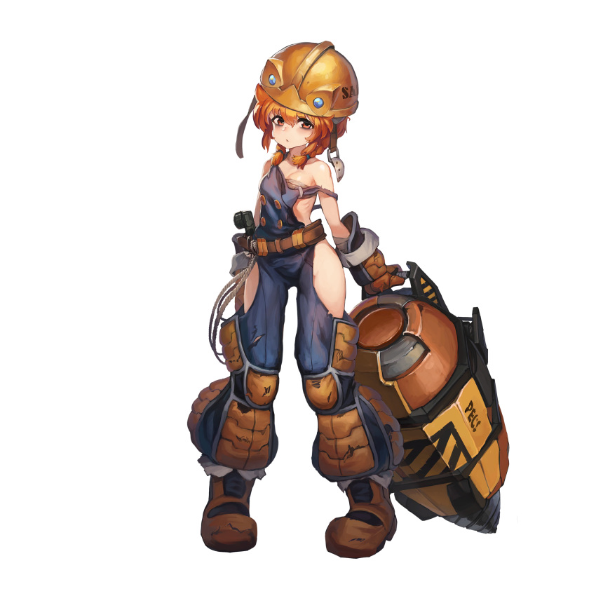 1girl bags_under_eyes belt boots braid breasts construction_worker drill dutch_girl_(last_origin) full_body hardhat helmet highres last_origin looking_at_viewer official_art orange_eyes orange_hair overalls paintale small_breasts solo tachi-e tool_belt tools transparent_background twin_braids