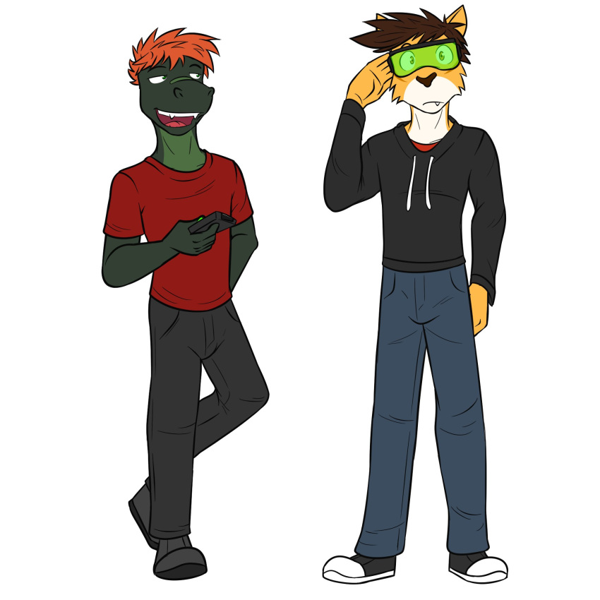 anthro bottomwear clothed clothing controller duo eyewear felid footwear fully_clothed fuze goggles hoodie lizard male mammal pantherine pants reptile scalie shoes simple_background tiger topwear white_background