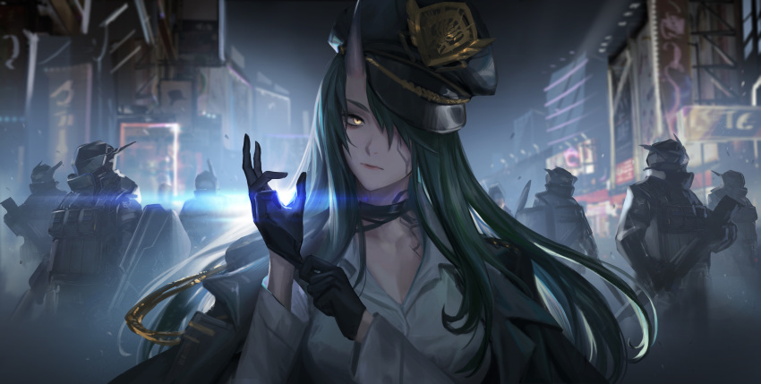 1girl 6+girls absurdres adjusting_clothes adjusting_gloves arknights assault_rifle black_choker black_gloves black_headwear black_jacket breasts choker cityscape expressionless gloves green_hair gun hair_between_eyes hat highres holding holding_gun holding_weapon horn horns hoshiguma_(arknights) jacket large_breasts load_bearing_equipment load_bearing_vest long_hair long_sleeves looking_at_viewer military military_jacket military_uniform multiple_girls night oni_horns peaked_cap rifle riot_shield shirt shotgun sidelocks uniform weapon white_shirt yellow_eyes youyi_(ww5413203)