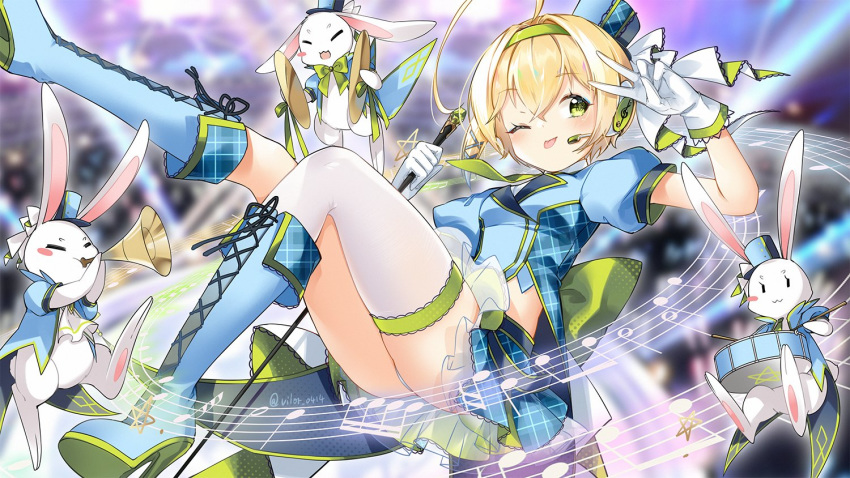 1girl ahoge alternate_costume asymmetrical_legwear azur_lane bangs blonde_hair blue_footwear blush boots bunny closed_mouth commentary_request cross-laced_footwear cymbals drum drumsticks green_eyes hair_between_eyes hair_intakes hairband hat headset high_heel_boots high_heels huge_ahoge idol instrument looking_at_viewer midriff mini_hat one_eye_closed short_hair sidelocks single_thighhigh solo southampton_(azur_lane) staff thighhighs tongue tongue_out trumpet twitter_username v vilor white_legwear