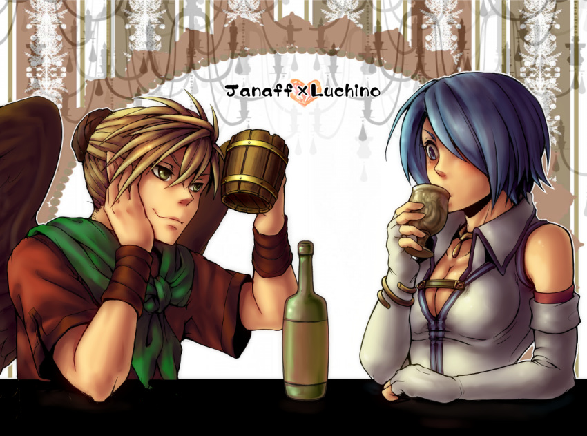 1boy 1girl bangs bare_shoulders blonde_hair blue_eyes blue_hair bottle bracelet breasts brown_shirt brown_wings character_name cleavage commentary_request cup dress elbow_gloves feathered_wings fingerless_gloves fire_emblem fire_emblem:_radiant_dawn gloves goblet green_neckwear grey_eyes hair_between_eyes hair_bun hair_over_one_eye hand_up hands_up heart holding holding_cup janaff_(fire_emblem) jewelry looking_at_another lucia_(fire_emblem) medium_breasts mug neckerchief pitarou3 shirt short_hair short_sleeves sleeveless sleeveless_dress smile upper_body v-shaped_eyebrows white_dress white_gloves wing_collar wings wristband