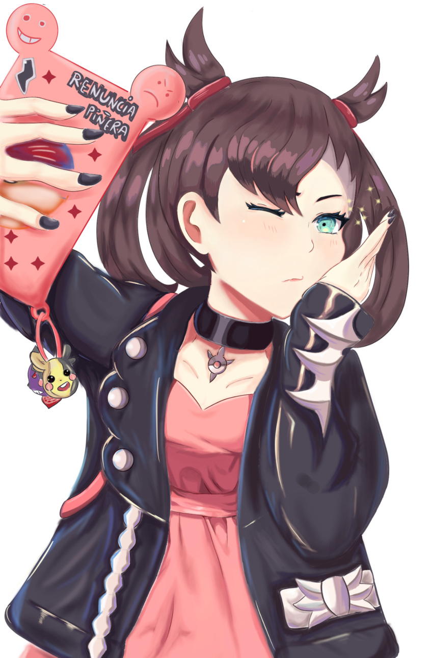 1girl bangs black_hair black_jacket dress evil_smile highres jacket kiro-u laughing light_smile mary_(pokemon) md5_mismatch open_clothes pink_dress pokemon pokemon_(game) pokemon_swsh resized roxy short_hair simple_background smile upscaled