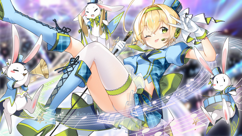 1girl ahoge alternate_costume asymmetrical_legwear azur_lane bangs blonde_hair blue_footwear blush boots bunny closed_mouth cross-laced_footwear cymbals drum drumsticks green_eyes hair_between_eyes hair_intakes hairband hat headset high_heel_boots high_heels huge_ahoge idol instrument looking_at_viewer midriff mini_hat one_eye_closed short_hair sidelocks single_thighhigh solo southampton_(azur_lane) staff symbol_commentary thighhighs tongue tongue_out trumpet twitter_username v vilor white_legwear