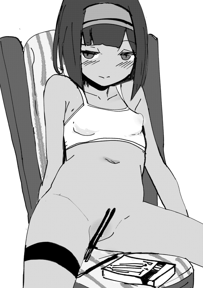 1girl absurdres bangs bare_arms bare_shoulders blush bottomless bra breasts chair closed_mouth collarbone convenient_censoring covered_nipples eyebrows_visible_through_hair food greyscale groin hairband highres monochrome navel on_chair original partially_visible_vulva pocky simple_background sitting small_breasts solo thigh_strap toy_box-r underwear underwear_only white_background