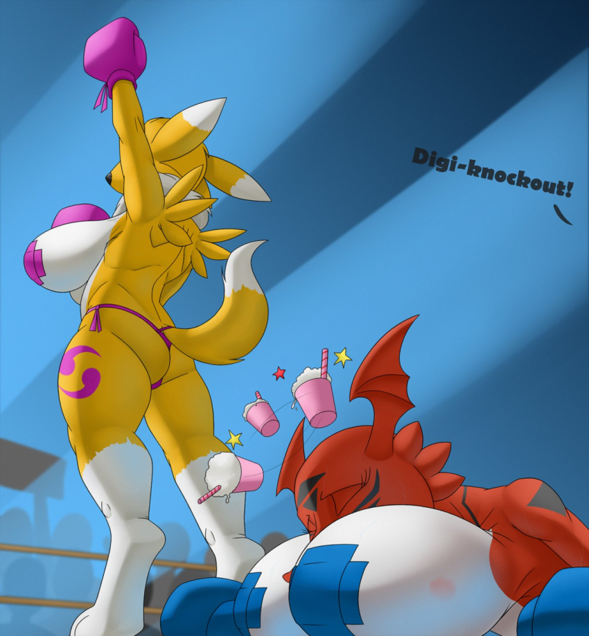 anthro audience big_breasts bikini bikini_bottom black_nose boxing boxing_gloves breasts bruised butt clothing creatiffy dialogue digimon digimon_(species) female fighting_ring fur group guilmon handwear huge_breasts pasties public red_body red_fur renamon sport swimwear thick_thighs unconscious unseen_character victory_pose white_body white_fur yellow_body yellow_fur