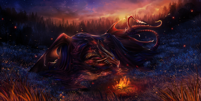 2019 detailed_background digital_media_(artwork) dragon duo feral grass horn isvoc membrane_(anatomy) membranous_wings night outside red_body red_scales scales scalie sky spines star starry_sky western_dragon wings