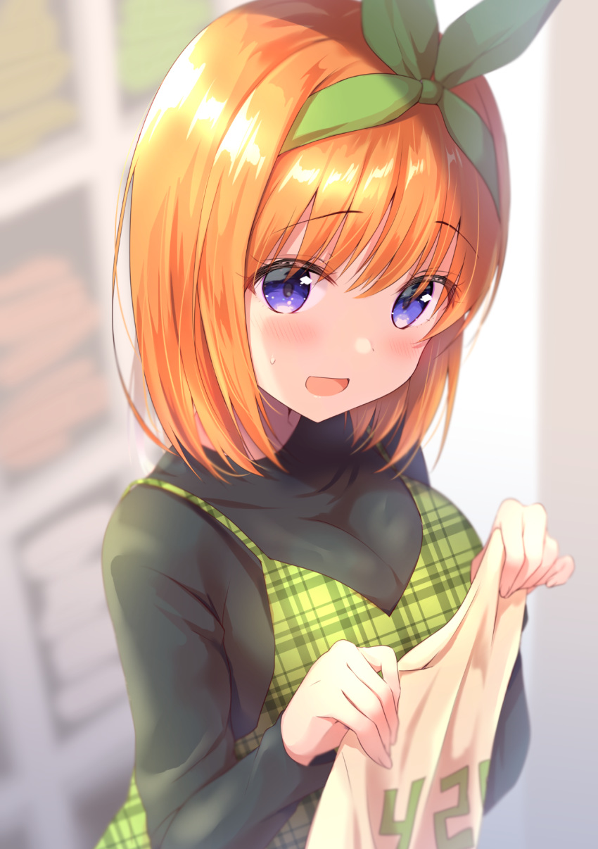 1girl :d amedamacon apron bangs black_sweater blurry blurry_background blush breasts depth_of_field eyebrows_visible_through_hair go-toubun_no_hanayome green_apron green_ribbon hair_ribbon highres holding large_breasts long_sleeves looking_at_viewer nakano_yotsuba open_mouth orange_hair plaid plaid_apron purple_eyes ribbon short_hair smile solo sweater upper_body