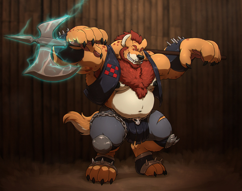 2019 4_toes 5_fingers absurd_res axe beard belly big_muscles big_nipples black_nipples black_nose body_hair brown_body brown_fur brown_hair chain chest_hair clothing digitigrade eyebrows facial_hair fingers fur gnoll grin grisser hair hi_res huge_muscles hyaenid looking_at_viewer male mammal melee_weapon musclegut muscular muscular_male nipples red_eyes smile solo spots spotted_body spotted_fur standing thick_eyebrows toes topwear vest weapon