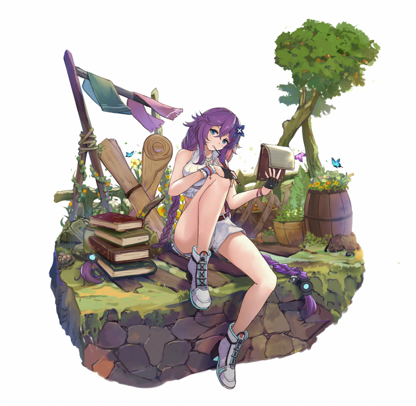 1girl alternate_costume bare_legs bare_shoulders blue_eyes braid crop_top d-pad d-pad_hair_ornament fingerless_gloves full_body gloves hair_ornament highres long_hair looking_at_viewer neptune_(series) power_symbol purple_hair purple_heart purple_shirt shirt short_shorts shorts solo symbol-shaped_pupils twin_braids twintails very_long_hair white_crow