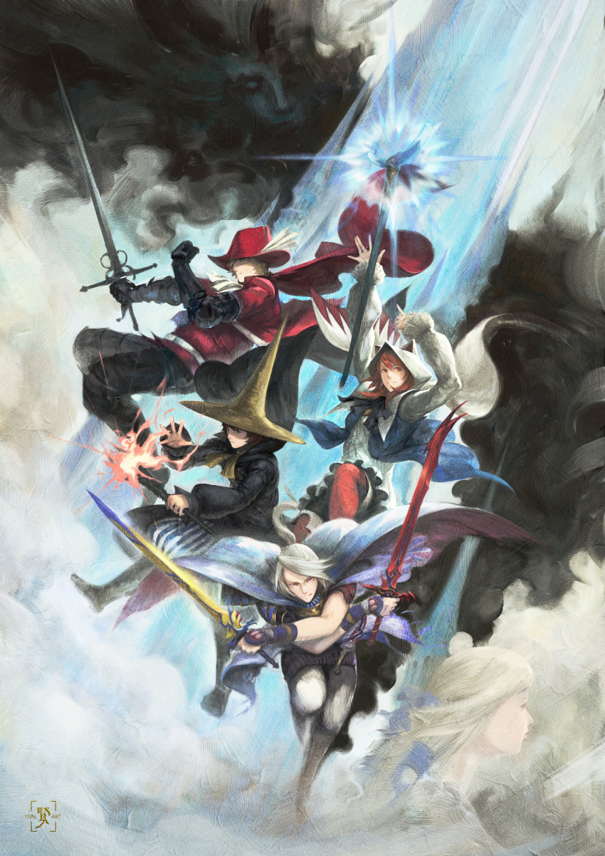 3boys 3girls absurdres animal_hood arc_(ff3) aria_benett black_mage blonde_hair brown_hair cape cat_hood cloud cloud_of_darkness dark_clouds edward_tsang final_fantasy final_fantasy_iii hat hat_feather highres hood ingus looking_at_viewer luneth midair multiple_boys multiple_girls onion_knight ponytail red_headwear red_mage refia scarf silver_hair smile staff sword weapon white_mage wizard_hat