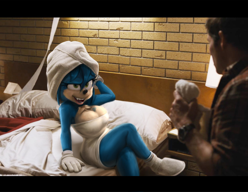 2019 bed bedroom_eyes big_breasts black_nose blue_body blue_fur breast_tattoo breasts chest_tuft cleavage clothed clothing crossed_legs crossgender duo edit eulipotyphlan eyelashes fangs female female_focus fur furniture gloves green_eyes handwear happy hedgehog human imminent_sex inside legwear male mammal mtf_crossgender narrowed_eyes naughty_face on_bed open_mouth open_smile pillow screencap seductive shadman sitting slippers smile socks solo_focus sonic_the_hedgehog sonic_the_hedgehog_(film) sonic_the_hedgehog_(series) tattoo teeth tom_wachowski towel towel_wrap tuft