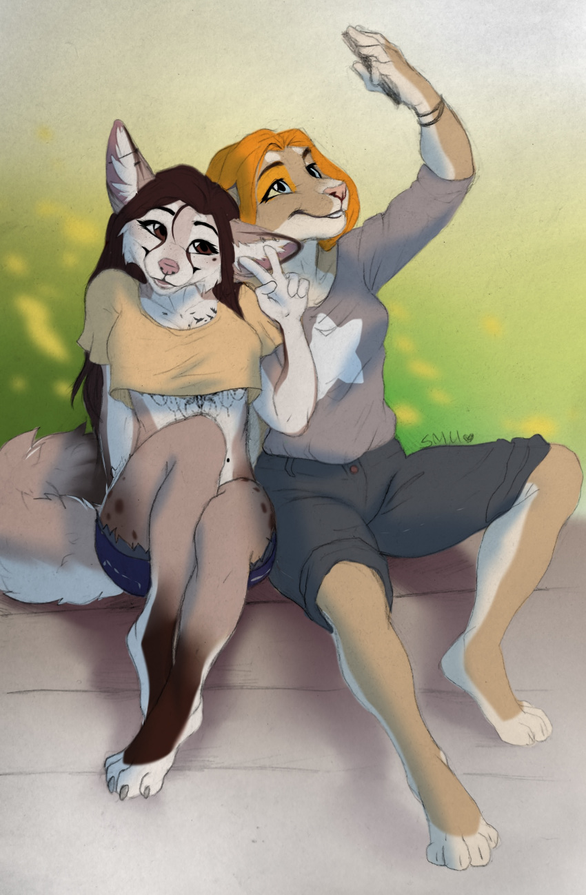 2018 4_toes 5_fingers blue_eyes brown_hair canid canine digital_media_(artwork) ear_piercing ear_ring eyebrows eyelashes felid feline fennec fingers fox hair mammal piercing smu toes