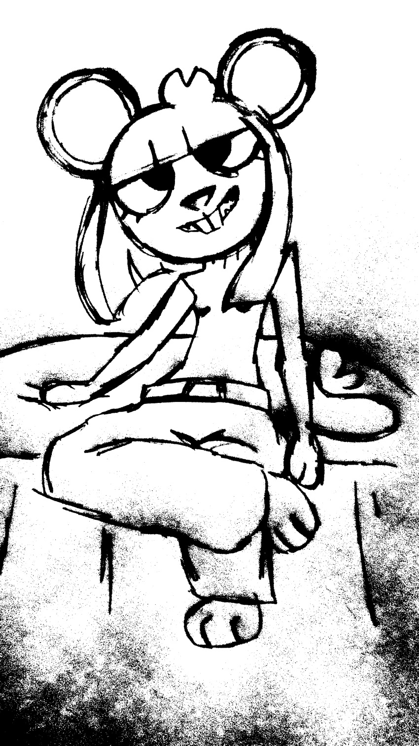 absurd_res anthro clothed clothing fully_clothed gender:female hair hi_res looking_at_viewer mammal minorchara monochrome rodent short_hair sitting sketch smile solo toony