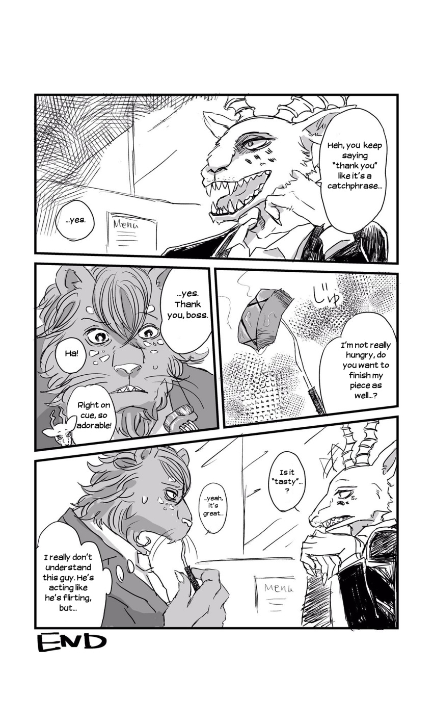 agata_(beastars) antelope beastars bovid comic felid gazelle hi_res hybrids leopard lion male male/male mammal melon_(beastars) misopotamio pantherine text translated